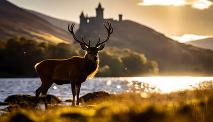 A Red Deer Stag in front of an ancient Scottish castle and loch at sunset