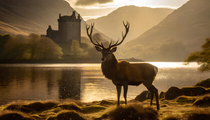 A Red Deer Stag in front of an ancient Scottish castle and loch at sunset