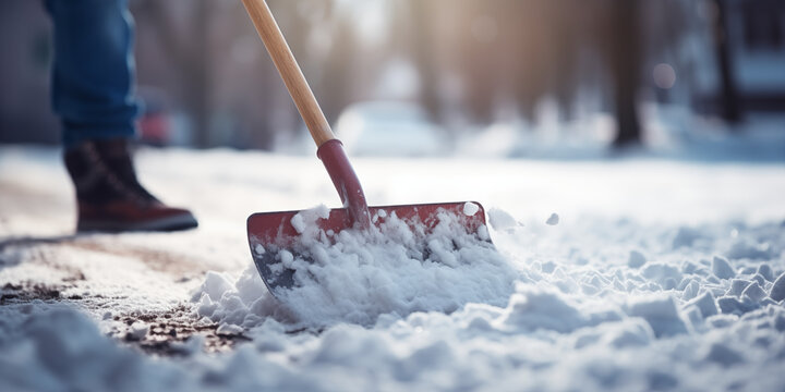 Person nutzt Schneeschieber um den Gehweg zu r&auml;umen
