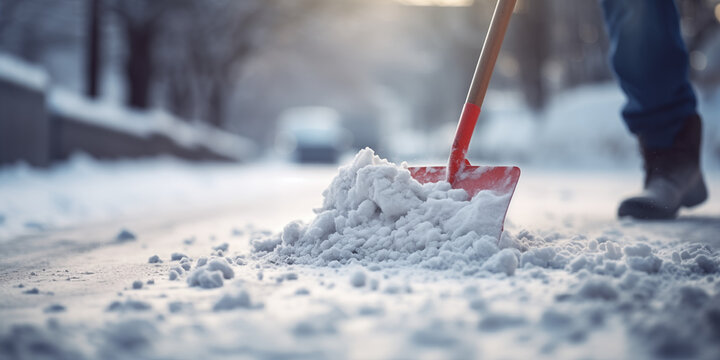 Person nutzt Schneeschieber um den Gehweg zu r&auml;umen