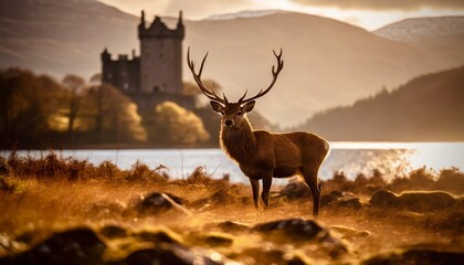 Red Deer Stag In Front of a Scottish Castle and Loch