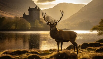 Red Deer Stag In Front of a Scottish Castle and Loch
