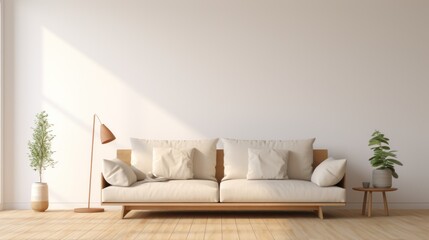 Fototapeta na wymiar Morning-Lit Minimalist Living Room with Neutral-Toned Sofa