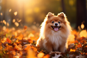 Happy Pomeranian dog on an autumn fall meadow with foliage. Walk in the park on a sunny day.  