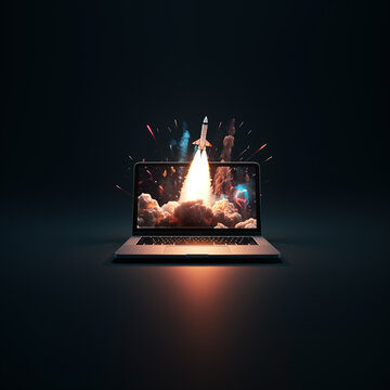 Rocket flying out of a laptop screen with a dark background