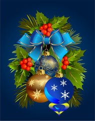 composition with a wreath decoration, baubles and a bow