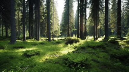 Obraz premium Healthy green trees in a forest of old spruce fir.Generative AI