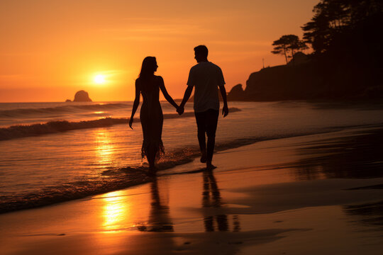 A couple strolling hand-in-hand along a beach at sunset
