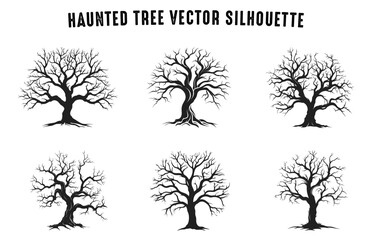 Haunted Tree Sketch vector silhouettes, Dead Scary Tree Silhouette vector bundle, Halloween Spooky Trees Clipart Set