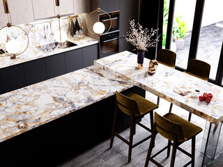 Stylish kitchen interior with marble island and stool, side view on grey concrete floor. Kitchenware and decoration, cooking area with panoramic window on tropics. 3D Rendering
