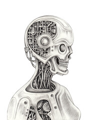 Cyberpunk skeleton hand drawing on paper.