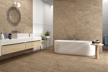 Modern Brown marble bathroom interior with window view and equipment. Design, style and real estate concept. 3D Rendering
