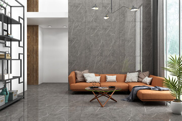 Modern minimal style of living and dining area with sofa set, grey marble wall decorate and grey floor tile. 3D Rendering