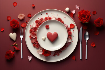 Elegant table setting with roses, hearts, and petals for a romantic dinner for two for Valentine's Day - obrazy, fototapety, plakaty
