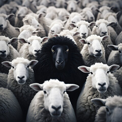 A lone black sheep stands tall among a flock of white sheep, lifting its head as a leader. Illustrating the concept of standing out from the crowd, being different and unique with its own identity