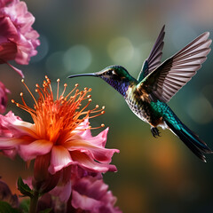 Fototapeta premium An in flight hummingbird feeding from a beautiful flowers, bokeh background nature.