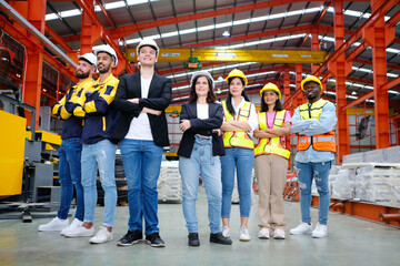 The engineering team and employees are happy to wear safety helmets. Smiling, happy working in the...
