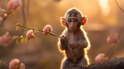 Little baby monkey sitting on a tree branch with pink flowers in the background - obrazy, fototapety, plakaty