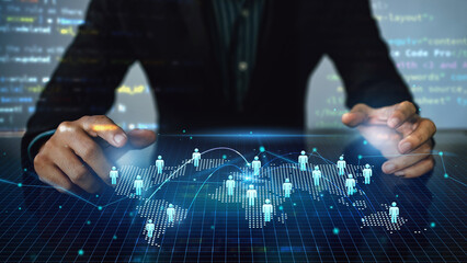 CRM Customer Relationship Management, Community Marketing, Business development concept, Businessman touching on virtual screen with customer service and support team for quality business