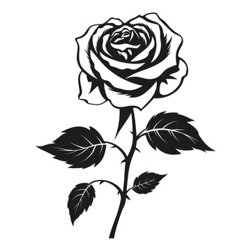 Rose Flower Vector black Silhouette isolated on a white background, Decorative rose with leaves Clipart