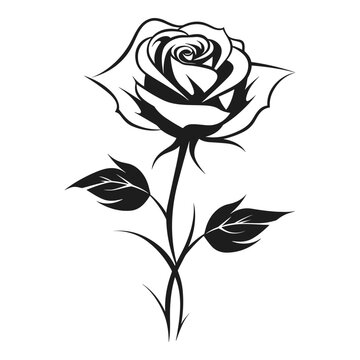 Rose Flower Vector black Silhouette isolated on a white background, Decorative rose with leaves Clipart