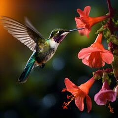 hummingbird and flower, An in flight hummingbird feeding from a beautiful flower, bokeh background nature.