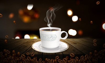 Coffee Mug 3D render. Hot tea cup background. Manipulation Creative Background. Hot tea on night background. 