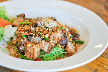 noodles, Chinese egg noodles or Chinese noodle or pork noodles or noodles without soup