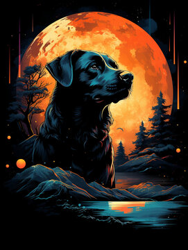 T-shirt design for a black shirt showcasing dog with the moon in the background, rendered in a solarization and wild style technique, visually striking imagery created with Generative Ai