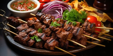 Moroccan Beef Kebab on Skewers, Traditional Arabian Food, Mutton Shashlik, Skewered Grilled Veal Meat - obrazy, fototapety, plakaty