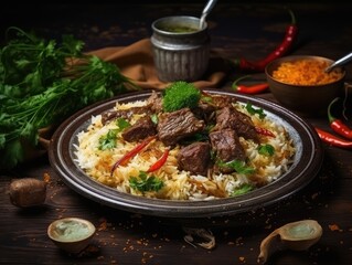 Pilau on Green Plate, Beef Pilaf, Traditional Asian Dish Plov also known as Polow, Pilav, Pallao, Pulao, Palaw
