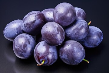 Plum Isolated, Whole Blue Prune, Ripe Fresh Plums, Dark Blue Healthy Fruits