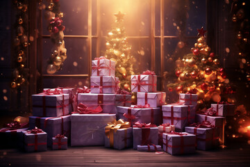 Many pink gift boxes lay on the floor. The back has beautiful decorations