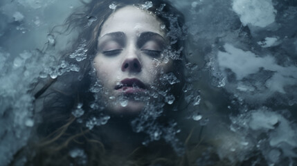 portrait of women under  the frozen water