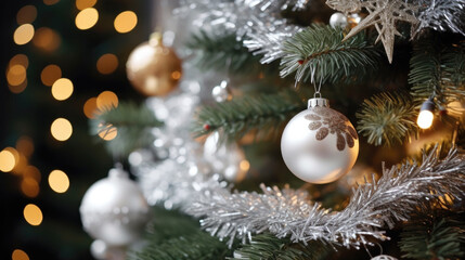 Fototapeta na wymiar Christmas decorations for New Year tree with white and silver decorations, toys and balls, bokeh