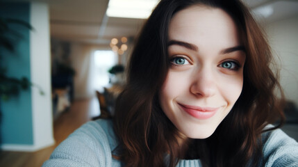 Portrait of wonderful ordinary white female young girl expressing energy in good day in Europe. Lovely woman making selfie closeup