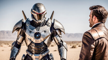 Fototapeta premium Alien Cyborg Robotic Warrior lands in the Desert Background Backdrop Wallpaper Cover Magazine Cover Poster Moviecard Generative AI Digital Art Brainstorming Story