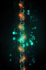 Green and Orange Glass tubes, wire cables with digital dynamic binary data transmitting flow, abstract background