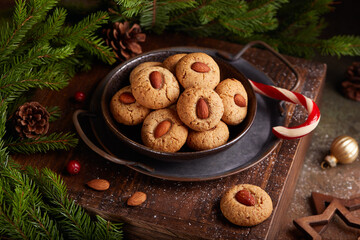 Traditional Christmas cookies with almond nuts. Delicious homemade dessert