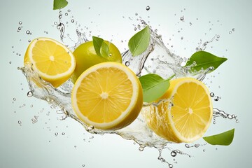 Levitation of juicy lemons with splashes of water on light background.