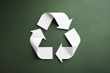 Recycle symbol made of white paper on green background. Eco recycling concept.