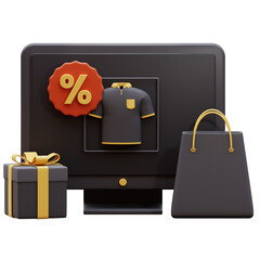 3D Monitor desktop with awning store shopping bag and gift box. Shopping sale social media promotion 3d icon. 3d Online shopping on website Shopping bags in web stores.