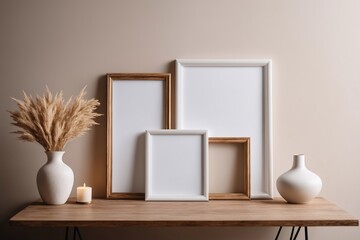 Leerer vertikaler weißer Rahmen auf dem Holztisch: Hintergrund für Wandkunst-Mockup. Moderner beiger Einrichtungsstil  mit Vase.