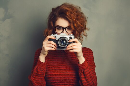Young woman in red sweater holding retro camera in her hands on gray background