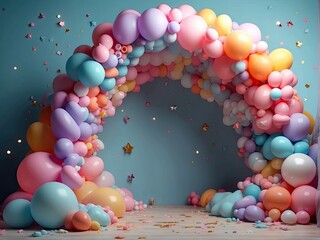 Pastel balloon arch, pastel colors, backdrop, paper clouds, paper rainbows, paper stars, studio lighting