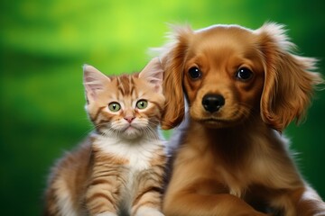 Cute tabby kitten and red puppy sitting together. Pets on green background, copy space.