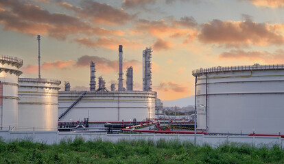 Oil​ and Gas refinery petrochemical​ plant industrial with oil and gas storage tank, White oil...
