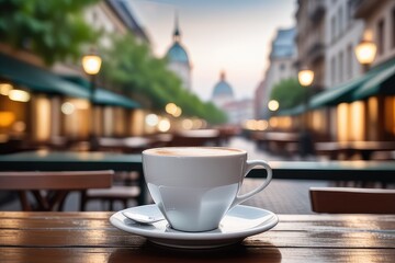 Coffee cup on wooden table in cafe with bokeh background
