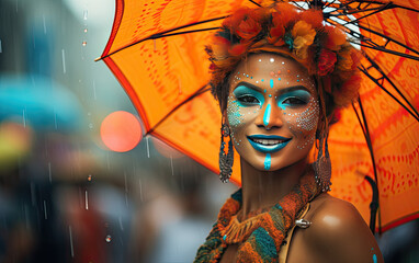 Naklejka premium woman smiling holding an umbrella and colorful feathers in the rain