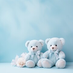 pastel blue background template with 2 teddy bears, AI generated